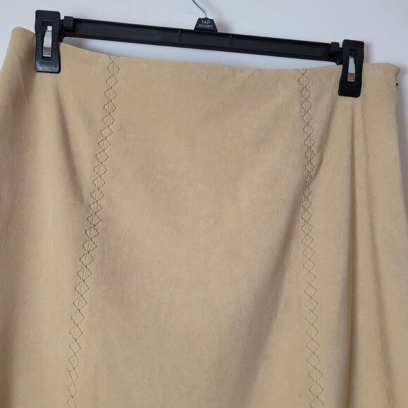 Talbots Faux Suede Beige Stretch Skirt With Subtle Embroidered Detail Side Slit - Picture 3 of 10